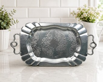 Vintage Hand Forged Aluminum Serving Tray Floral Embossed 21" Handles Scalloped MCM