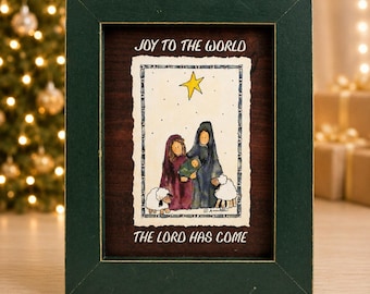 Vintage Nativity Joy to the World Framed Print Folk Art Christmas Wood Frame 9x7