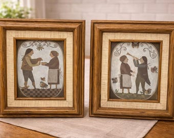 Vintage R. Davey American Folk Art Prints Framed Wall Art Primitive Home Decor Rustic