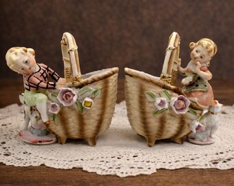 Vintage Ucagco Boy & Girl Figurine Planters  Hand Painted Flower Basket Pair Cottagecore Ceramic Decor