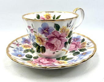Allyn Nelson Fine Bene Porslin Tekopp Fat Blommig Guld Förgylld England Set Cottage