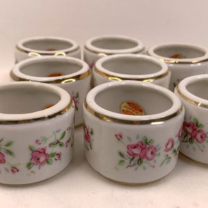 Vintage Enesco Napkin Rings Set of 8 Japan Porcelain Pink Floral Gold Trim Cottagecore