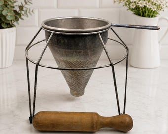 Vintage Aluminum Cone Food Strainer Sieve Stand Wood Pestle Canning Farmhouse Kitchen
