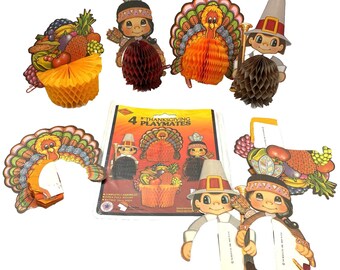 Vintage 1986 Beistle Thanksgiving Playmates Honeycomb Decorations Set 4 USA Turkey Pilgrim Indian