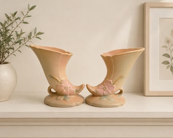 Weller Pottery Cornucopia Vases Dogwood Flower Design Brown Glaze Vintage American Art Pottery