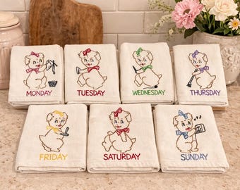 Vintage Hand-Embroidered Puppy Dish Towels  Set of 7 Farmhouse Kitchen Decor Retro Linen Towels