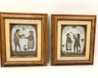 Vintage R. Davey American Folk Art Prints Framed Wall Art Primitive Home Decor