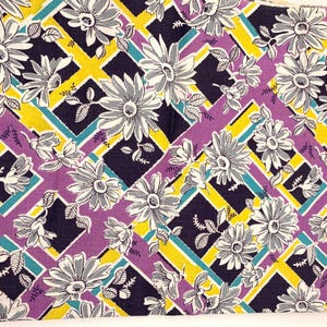 Vintage Bedruckter Baumwollstoff Daisy Lila Schwarz Gelb 21x35 Quilting Crafts