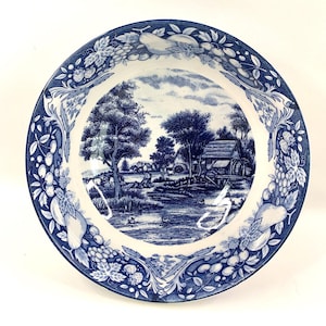 Vintage Blue & White Deep Bowl Pastoral Cottage Countryside Sawmill Farmhouse