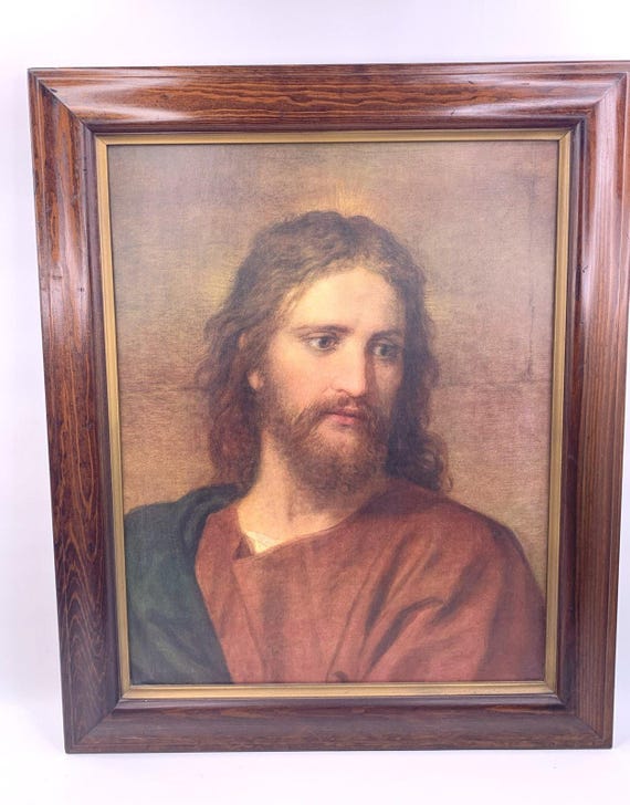 イエス・キリストの肖像画 照明付き ヴィンテージ ヴィンテージ額入りイエス・キリスト肖像画 宗教的キリスト教壁アート