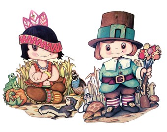 1978 Beistle Thanksgiving Pilgrim Indian Die Cut Decorations Set  USA Fall Holiday Decor