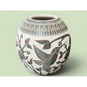 May include: A round, white ceramic vase featuring a textured surface with an intricate relief design. The artwork depicts a hummingbird in flight surrounded by floral elements, accented with multicolored, mottled patterns in shades of blue, red, and green.