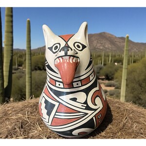 May include: A ceramic sculpture of a stylized dog with a long tongue. The sculpture is painted with black, white, and red geometric patterns. The dog has large, round eyes and pointed ears. The background features a desert landscape with cacti.