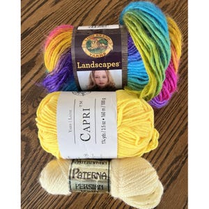 May include: Three skeins of yarn in various colors. The top skein is Lion Brand Landscapes yarn with a rainbow gradient. Below is a yellow Capri yarn skein, and at the bottom is a cream-colored Paternayan Persian yarn skein.