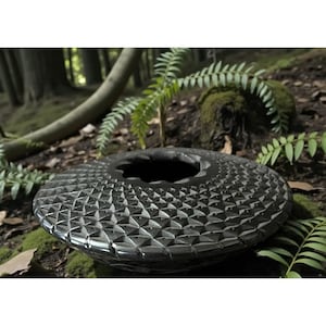 May include: A dark gray, circular decorative bowl with a textured, geometric pattern. The bowl has a central opening and is surrounded by ferns and moss in a natural outdoor setting. The bowl's surface reflects light.