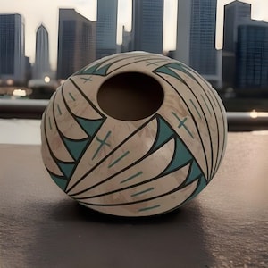 May include: A spherical ceramic vase with a large circular opening. The vase features a cream-colored base with teal and black geometric patterns. The design includes cross-like shapes and curved lines. The background shows a cityscape.