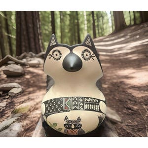 May include: A ceramic husky figurine with black and white markings, a black nose, and decorative patterns. The figurine has a cream-colored body with geometric designs and an owl illustration. The background is a blurred forest scene.