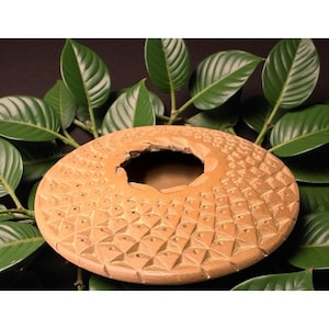 May include: A light brown, circular, carved wooden bowl with a large opening. The bowl features a repeating geometric pattern and is surrounded by green leaves. The bowl is likely handmade and could be used for decorative purposes.