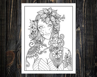 May include: A black and white line drawing of a woman with intricate floral designs covering her face and body. The woman has long flowing hair and a delicate rose in her hair.