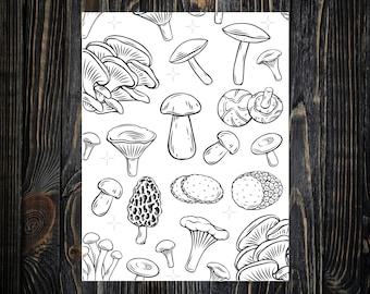 May include: Black and white line art illustration of various mushrooms. The illustration features different types of mushrooms, including chanterelles, morels, and oyster mushrooms.