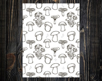 Magic Mushrooms Coloring Page -- Adult Coloring Page -- Fantasy Coloring Page -- Mushroom Art