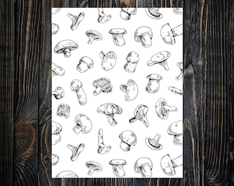 May include: A black and white illustration of a seamless pattern of mushrooms. The mushrooms are drawn in a variety of shapes and sizes, and some have stems while others do not.