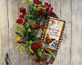 Spring Wreath: Red & Yellow Flowers, Welcome Sign