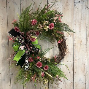 Floral Spring Wreath: Pink Lavender Flowers, Grapevine Door Hanger
