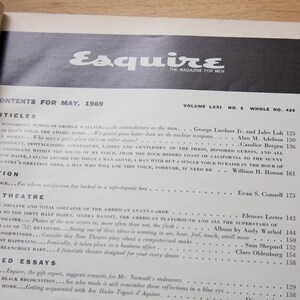 May include: A black and white magazine cover for Esquire magazine, volume LXXI, number 5, with the text "Contents for May, 1969" and "The Magazine for Men".