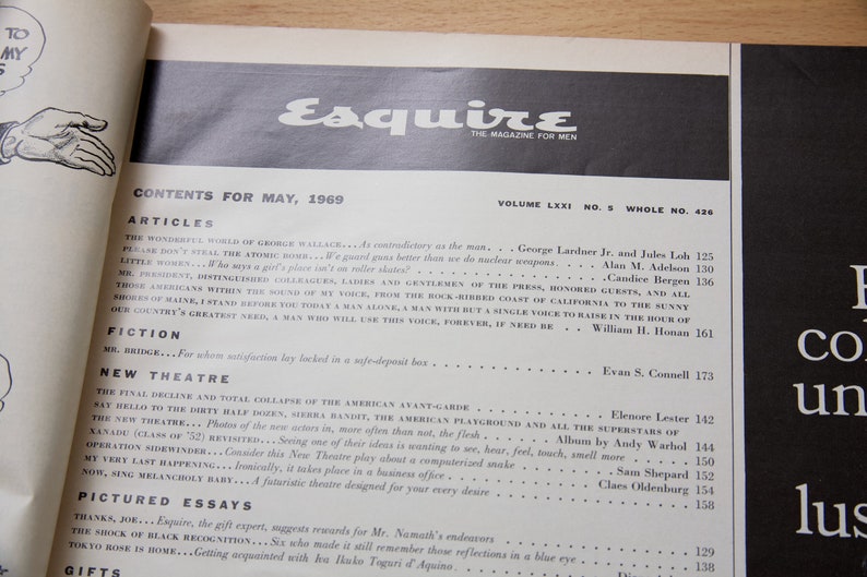 May include: A black and white magazine cover for Esquire magazine, volume LXXI, number 5, with the text "Contents for May, 1969" and "The Magazine for Men".