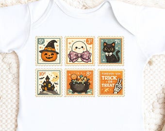 Halloween Baby Bodysuit, Vintage Postage Stamp Halloween Onesie, Cute Ghost Pumpkin Cat Baby Outfit, First Halloween Baby Gift Spooky Season