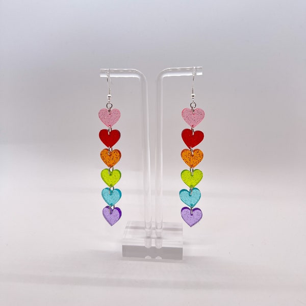 Rainbow Heart Earrings (festival jewelry, summer earrings, rave jewelry, pride accessory, nature earrings, edc kandi, acrylic, LGBTQ)