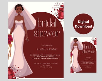 Africa American  bridal shower,Bridal Brunch Invitation Template, Editable, Printable Bridal Shower Brunch  Invitation,