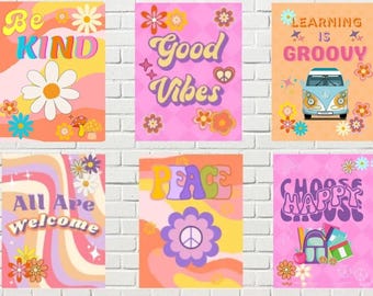 Retro klassrumsaffischer, klassdekor, utskrivbara läraraffischer, digital nedladdning av groovy-affischer, retro vibbar-tema, utskrivbart med groovy-tema