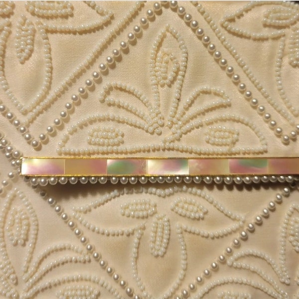 Midcentury 60s VTG ivory seed pearl, beaded evening clutch, vintage purse from Bag by Debbie