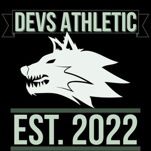 May include: A black graphic with the text "DEVS ATHLETIC" above a white wolf head with bared teeth. Below the wolf is the text "EST. 2022" in a green font. The design is suitable for athletic apparel.