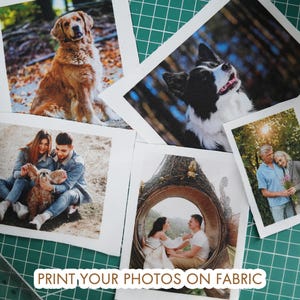 Imprima suas fotos em tecido para lembranças e artesanato, fotos impressas em tecido, quadrados de colcha personalizados com fotos, colchas de retalhos personalizadas com fotos.