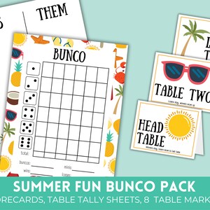 Printable Summer Fun Bunco Score Sheets | Beach Bunco Cards | July Bunco Set | Bunko Score Cards with Matching Table Cards & Table Numbers