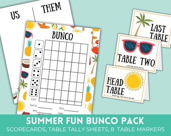 Puede incluir: Un Summer Fun Bunco Pack con tarjetas de puntuación, hojas de recuento de mesa y 8 marcadores de mesa. El diseño incluye una tarjeta de puntuación de Bunco, marcadores de mesa con gafas de sol, palmeras y un sol, y las palabras "US" y "THEM".