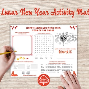 Afdrukbare placemat voor maannieuwjaar | Kleurplaat Jaar van de slang 2025 | Tafelspelmat Chinees Nieuwjaar | Dierenriemactiviteit voor kinderen