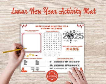 Printable Lunar New Year Activity Placemat | Year Of The Snake 2025 Coloring Page | Chinese New Year Table Games Mat | Kids Zodiac Activity