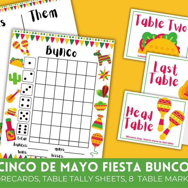 Printable Cinco De Mayo Bunco Score Sheets | Fiesta Bunco Cards | May Bunco Set | Bunko Score Cards with Matching Table Cards & Table Number