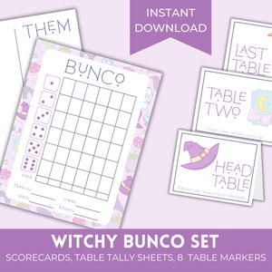 Printable Witchy Halloween Bunco Score Sheets | Pastel October Bunco Set | Bunko Score Cards with Matching Table Cards & Table Numbers