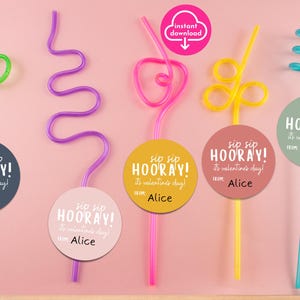 "Druckbare Crazy Straw Valentinstagskarten ""Sip Sip Hooray it's Valentine's Day"" Kinder Kindergarten Vorschule Valentinstagskarten DIY Valentinstag ohne Süßigkeiten."