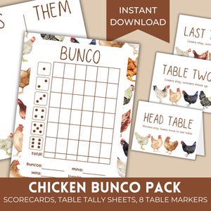 May include: Printable chicken-themed Bunco game set with scorecards, table tally sheets, and 8 table markers. The scorecards feature a watercolor chicken design and a grid for keeping track of points.