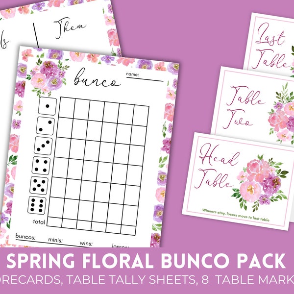 Printable Bunco Score Sheets | Spring Floral Bunco Cards | May Bunco Set | Spring Bunko Score Cards with Matching Table Cards & Table Number