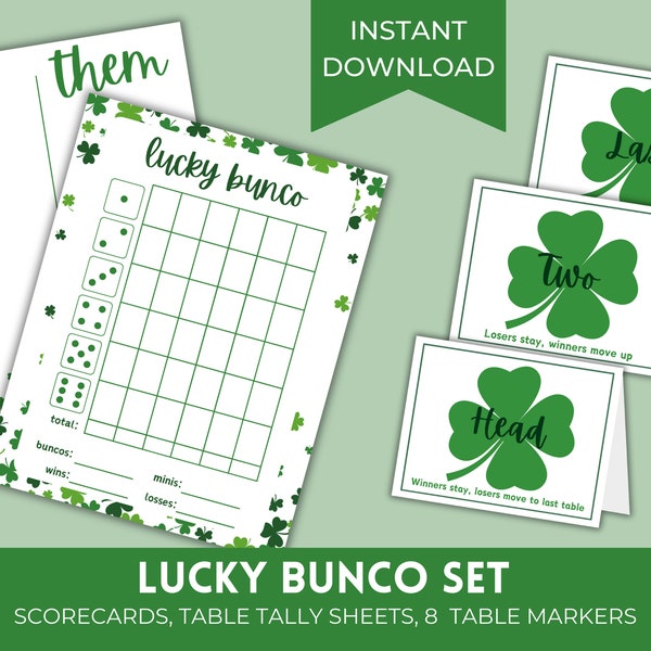 Printable Lucky Bunco Score Sheets | St Patrick's Day March Shamrock Bunco Set | Bunko Score Cards with Matching Table Cards & Table Numbers