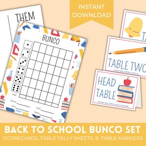 Printable Back to School Bunco Score Sheets | August September Bunco Set | Bunko Score Cards with Matching Table Cards & Table Numbers
