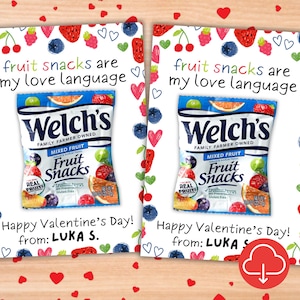 Tarjetas imprimibles de San Valentín con bocadillos de frutas "Los bocadillos de frutas son mi lenguaje del amor" Tarjetas de San Valentín para guarderías infantiles en edad preescolar Tarjetas de San Valentín para hacer tú mismo sin dulces