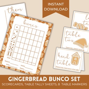 Afdrukbare Gingerbread Bunco-scorebladen | Kerst Bunco-kaarten | December Bunco-set | Bunko-scorekaarten met bijpassende tafelkaarten